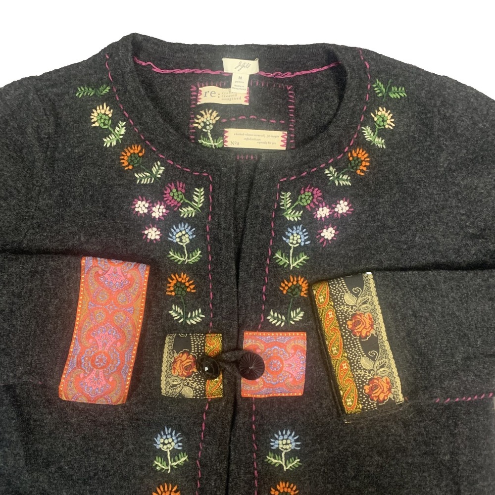 J. Jill Recrafted Wool Blend Embroidered Floral Cardigan Woman's Petite M Gray